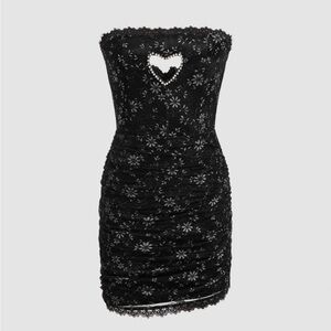 Sabrina Carpenter Lace Ruched Rhinestone Heart Cut Out Tube Mini Dress Cider